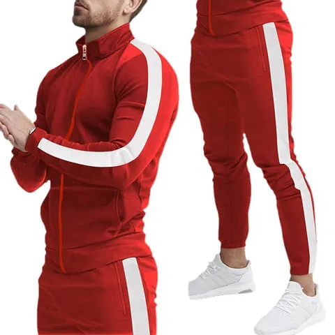 Men Sportswear Tracksuit Polyester Spandex Stand Collar Zipper Jacket And Cuffed Long Pants Slim Casual Athletic Outfit