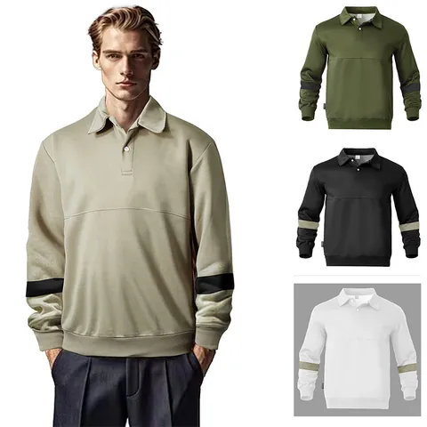 Felpa da Uomo Casual Stile Polo con Revers Blocchi di Colore Manica Lunga Vestibilità Larga Top Primavera Autunno