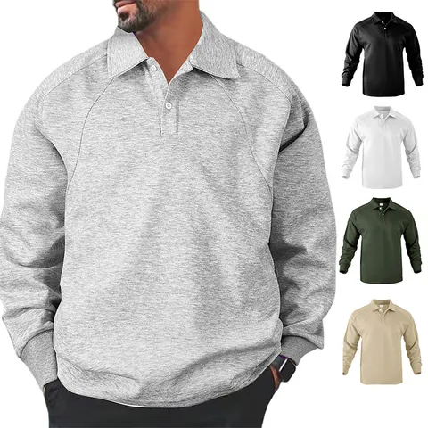 Herren Heavyweight Pullover Sweatshirt Amerikanisch Lässig Polo Revers Langarm Raglanärmel Lockere Passform Top Frühling Herbst
