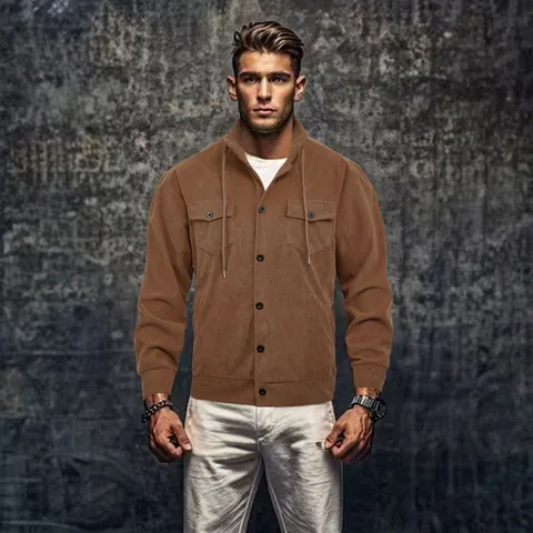 Giacca da Uomo in Poliestere con Trama a Coste Vintage Collo alla Coreana Manica Lunga Abbottonata Vestibilità Larga Casual Top