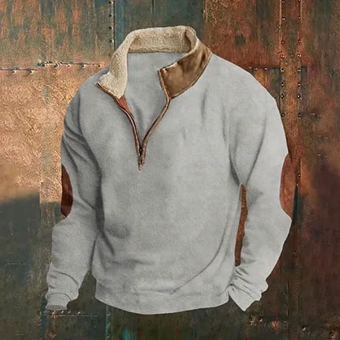 Men Vintage Half Zip Sweatshirt Fleece Stand Collar Patchwork Elbow Long Sleeve Casual Urban Top Pullover
