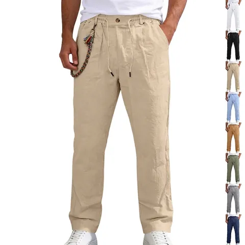 Heren Linnen Casual Broek Lichtgewicht Ademend Trekkoord Elastische Taille Rechte Pijp Zomer Mode Effen Kleur
