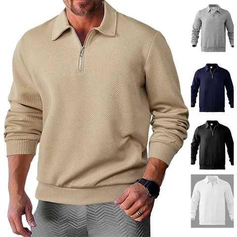 Felpa Polo da Uomo Casual con Mezza Zip Jacquard Manica Lunga Maglione a Costine per Autunno Inverno Stile Smart Casual