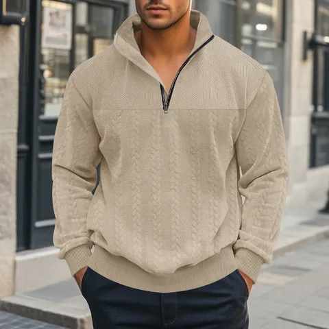 Felpa Casual da Uomo con Mezza Zip Texture Jacquard in Poliestere Collo Alto Pullover a Maniche Lunghe Vestibilità Comoda