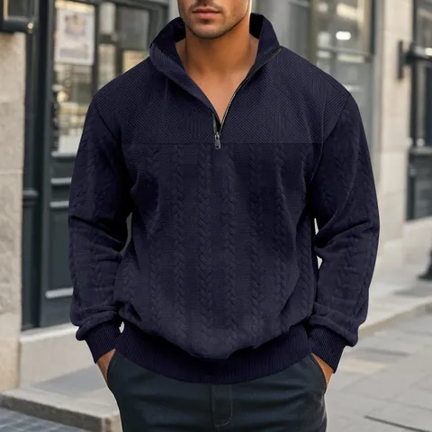Felpa Casual da Uomo con Mezza Zip Texture Jacquard in Poliestere Collo Alto Pullover a Maniche Lunghe Vestibilità Comoda