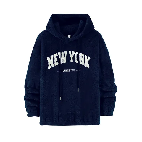 Felpa con Cappuccio da Uomo con Ricamo a Lettere Americane in Pile Caldo Pullover in Poliestere a Manica Lunga