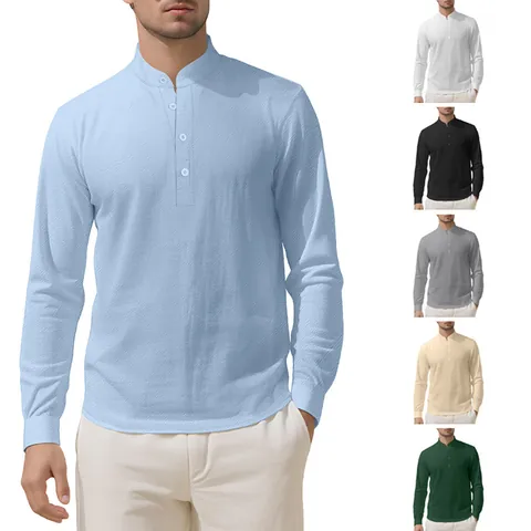 Camicia Henley da Uomo Slim Fit in Lino a Maniche Lunghe con Colletto alla Coreana Casual Tinta Unita Traspirante Top