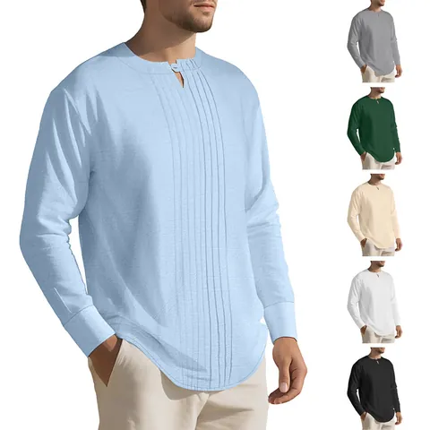 Heren Vintage Linnen Polyester Henley Shirt Lange Mouw Pintuck Geplooid Effen Kleur Casual Lente Herfst Geweven Top Voor Dagelijks Vakantie