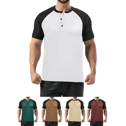 Maglietta Henley da Uomo a Blocchi di Colore Traspirante Poliestere Manica Corta Raglan Top Casual Estiva Slim Fit Girocollo
