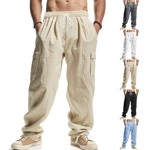 Herren Cargo Hose im Amerikanischen Stil Lässige Dünne Atmungsaktive Lockere Passform Mehrere Taschen Einfarbig Kordelzug Unterteil für Männer