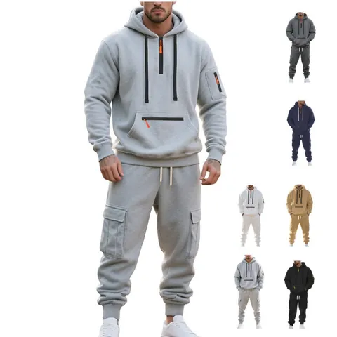 Survêtement Homme Deux Pièces Sweat à Capuche Et Pantalon Cargo Couleur Unie Chaud Haut Et Bas