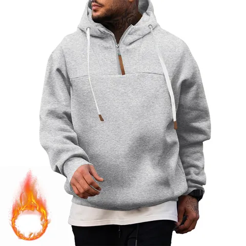 Men Casual Polyester Hooded Sweatshirt Fleece Lined Half Zip Pullover Solid Color Long Sleeve Athletic Top For Men