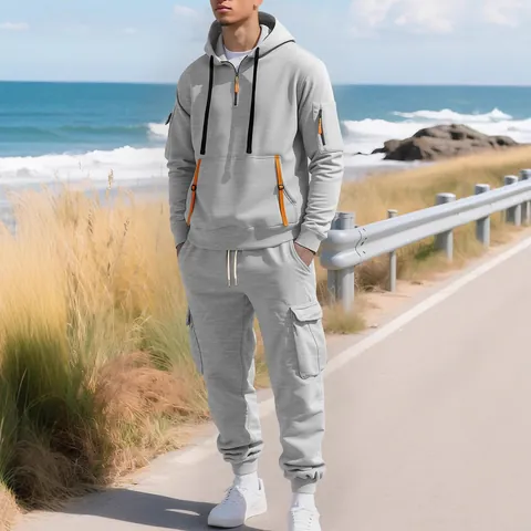 Survêtement à Capuche pour Homme Mode Automne Hiver Chaud Polaire Half Zip Hoodie Cargo Sweatpants Top And Bottom