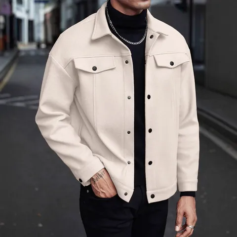 Giacca di Lana Casual da Uomo Poliestere Bottoni Colletto a Revers Tasche sul Petto Moda Urbana Autunno Inverno