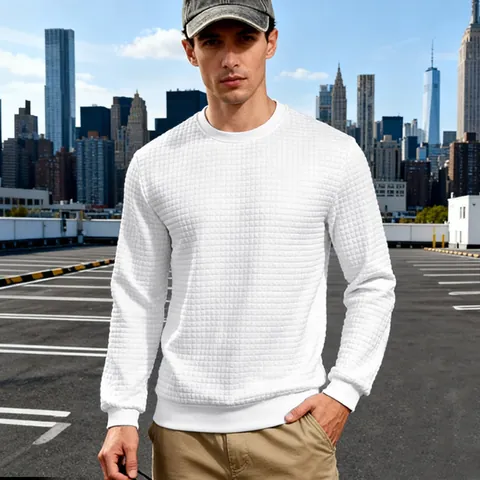 Herren Polyester Waffel Jacquard Sweatshirt Casual Rundhals Einfarbig Langarm Top Vielseitige Lockere Passform Pullover Für Frühling Herbst