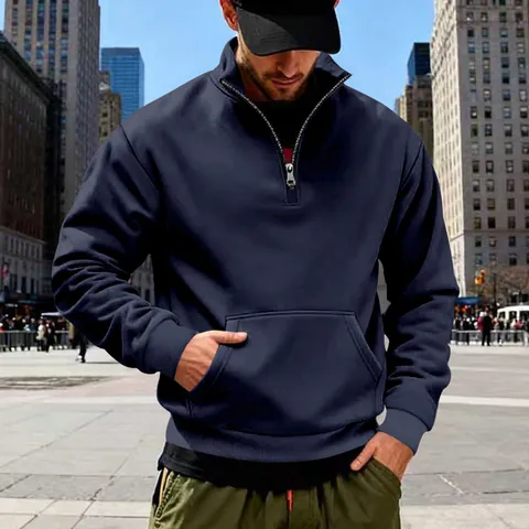 Felpa in Pile da Uomo Mezza Zip Collo Rialzato Manica Lunga Pullover in Poliestere Con Tasca a Canguro Top Casual Tinta Unita