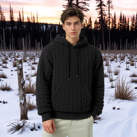 Herren Herbst Winter Warmer Zopfmuster Kapuzenpullover Beidseitiges Fleece Lockerer Pulli Kängurutasche Top
