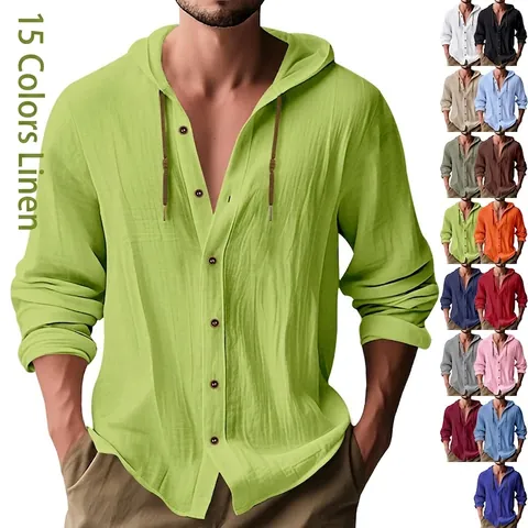 Camicia da Uomo in Lino con Cappuccio a Maniche Lunghe Casual con Bottoni Top Invecchiato Tinta Unita per Primavera Autunno Moda