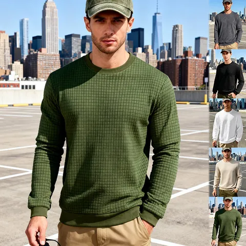 Herren Polyester Waffel Jacquard Sweatshirt Casual Rundhals Einfarbig Langarm Top Vielseitige Lockere Passform Pullover Für Frühling Herbst