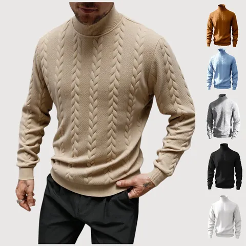 Felpa da Uomo a Collo Alto Tinta Unita in Maglia a Trecce Manica Lunga Termica Jacquard Autunno Inverno Casual Elegante