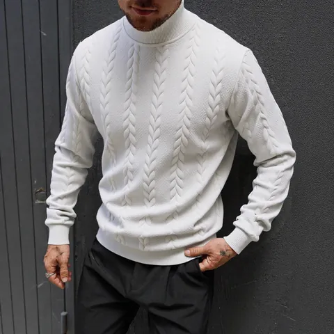 Felpa da Uomo a Collo Alto Tinta Unita in Maglia a Trecce Manica Lunga Termica Jacquard Autunno Inverno Casual Elegante