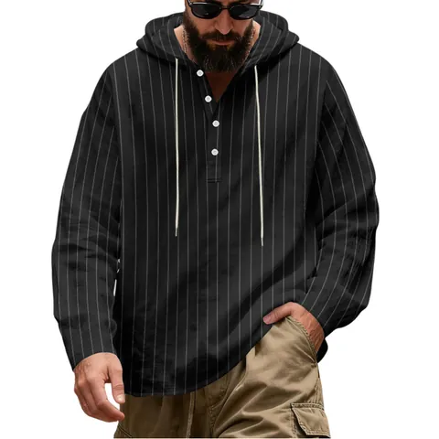 Men's Casual Linen Striped Hoodie Long Sleeve Henley Neck Hooded Pullover Loose Fit Spring Autumn Top