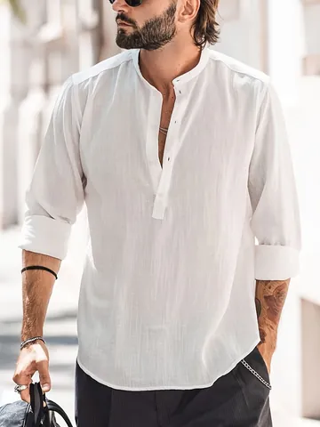 Men's Casual Long Sleeve Henley Shirt Stand Collar Solid Color Cotton Slub Texture Pullover Top Fashion Male Shirts