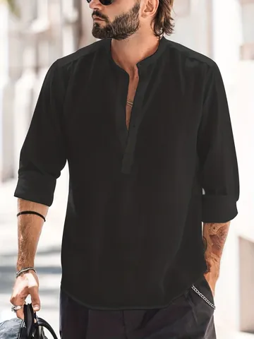 Men's Casual Long Sleeve Henley Shirt Stand Collar Solid Color Cotton Slub Texture Pullover Top Fashion Male Shirts