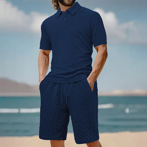 Ensemble Décontracté Été Homme Polyester Jacquard Polo et Short Haut et Bas Tenue de Sport Mode pour Hommes