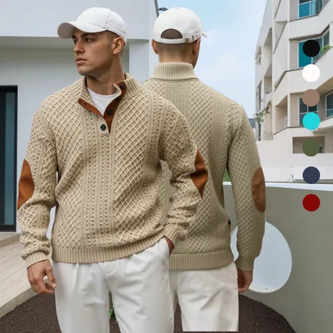 Maglia Henley da Uomo a Maniche Lunghe Felpa Vintage con Texture Jacquard e Toppe sui Gomiti Pullover Business Casual