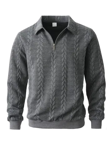 Ανδρικό Φούτερ Business Casual από Πολυεστέρα με Πλέξη Κοτσίδα Μισό Φερμουάρ Γιακάς Πόλο Μακρυμάνικο Πουλόβερ