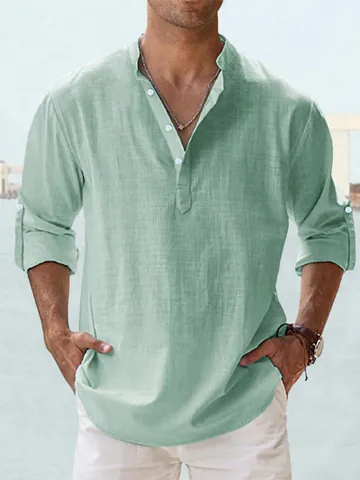 Camicia Henley Vintage da Uomo 100% Cotone Manica Lunga Casual Vestibilità Larga Tinta Unita Estate Traspirante Top