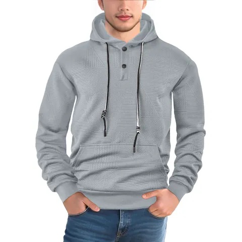 Men's Casual Jacquard Hoodie Long Sleeve Button Neck Top With Kangaroo Pocket Geometric Textured Solid Color Sporty Hoodie