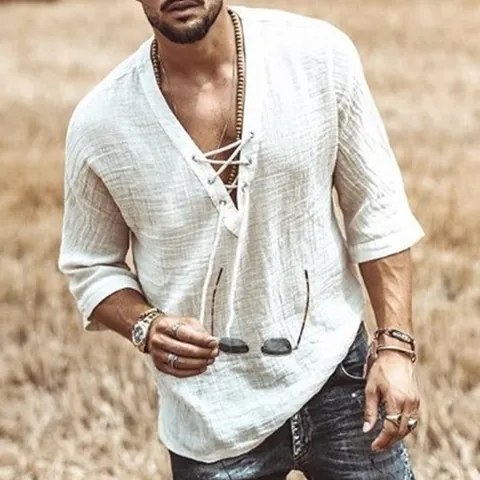 Ανδρικό Βαμβακερό T-Shirt με Κορδόνια Βαθύ V-Λαιμόκοψη Casual Μισό Μανίκι Καλοκαιρινό Αναπνεύσιμο Χαλαρό Hip Hop Μόδα Top