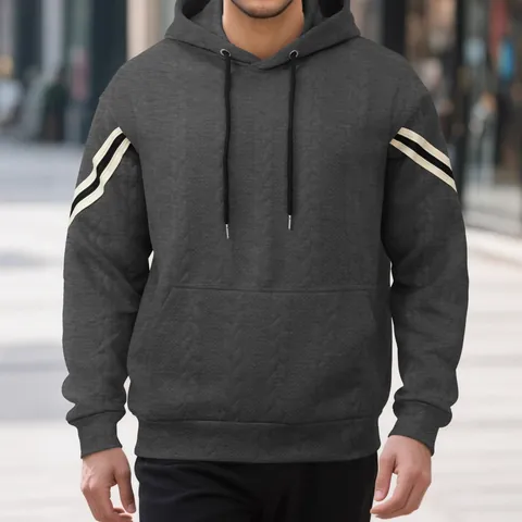 Men Heavyweight Jacquard Hooded Sweatshirt Winter Warm Outdoor Sport Trendy Long Sleeve Top Basic Streetwear Loose Hoodie