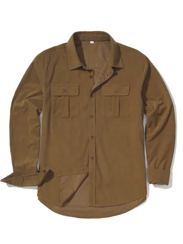 Camicia a Maniche Lunghe con Texture in Velluto a Coste Vintage da Uomo Stile Workwear Top Casual in Poliestere Spazzolato