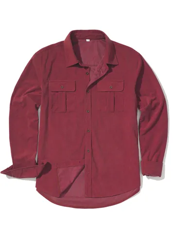 Camicia a Maniche Lunghe con Texture in Velluto a Coste Vintage da Uomo Stile Workwear Top Casual in Poliestere Spazzolato