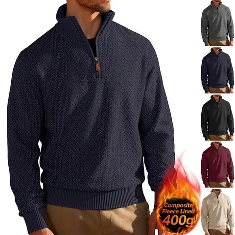 Felpa da Uomo Pesante Jacquard con Mezza Zip in Poliestere Foderata in Pile Collo Rialzato Casual Business Manica Lunga Inverno Caldo Top