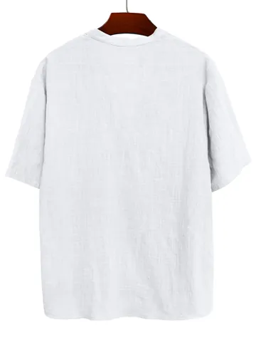 Maglietta Henley da Uomo Casual a Maniche Corte in Misto Cotone Tinta Unita con Più Bottoni