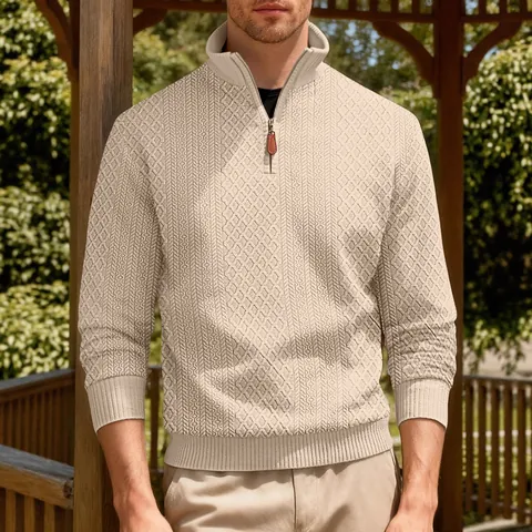 Felpa da Uomo Pesante Jacquard con Mezza Zip in Poliestere Foderata in Pile Collo Rialzato Casual Business Manica Lunga Inverno Caldo Top