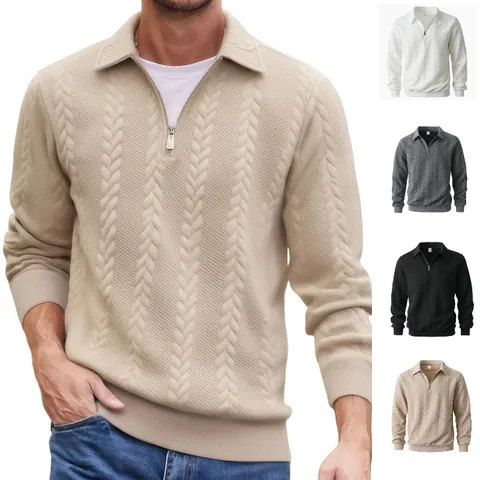 Felpa da Uomo Pesante Jacquard con Mezza Zip Colletto a Polo Tinta Unita Pullover Casual Moda Top a Maniche Lunghe