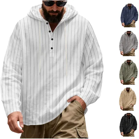 Men's Casual Linen Striped Hoodie Long Sleeve Henley Neck Hooded Pullover Loose Fit Spring Autumn Top