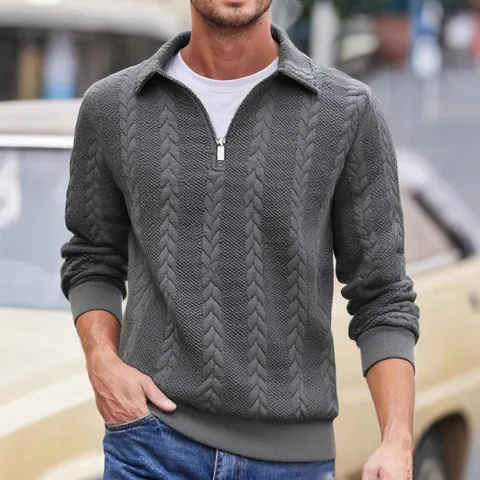 Felpa da Uomo Pesante Jacquard con Mezza Zip Colletto a Polo Tinta Unita Pullover Casual Moda Top a Maniche Lunghe