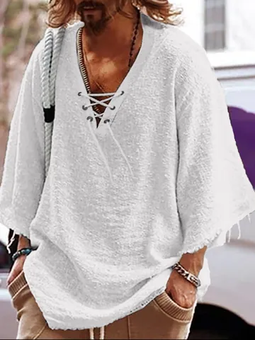 Camicia da Uomo Comoda con Scollo a V Stringata Manica a Metà Casual Tinta Unita Poliestere Top Estivo Traspirante per Vacanza Mare