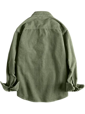 Camicia da Uomo in Velluto a Coste a Maniche Lunghe Vintage Casual American Retro Top Tinta Unita Caldo Poliestere Autunno Inverno