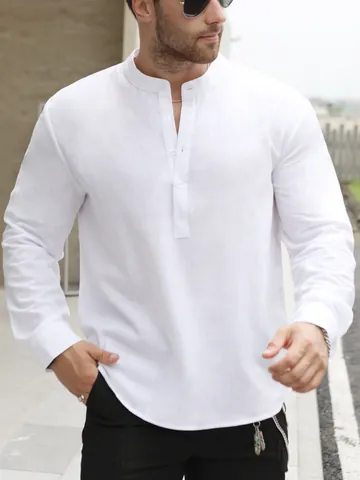Camicia Henley da Uomo Casual in Cotone Slub Leggera con Collo alla Coreana Manica Lunga Tinta Unita Top Estivo da Spiaggia