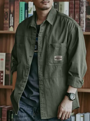 Camicia da Uomo in Cotone Workwear Vintage Vestibilità Comoda Manica Lunga Revers Top Tinta Unita Giacca No Stiro per Pendolarismo