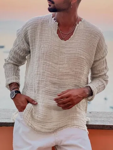 Camicia da Uomo Casual in Cotone con Scollo a V Manica Lunga con Orlo a Vivo Tinta Unita Traspirante Pullover Vacanze Mare Top