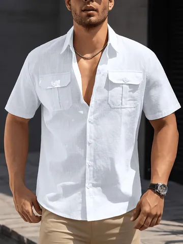 Camicia Casual da Uomo in Cotone a Manica Corta Slim Fit Tinta Unita Revers Doppia Tasca Top per Estate Outdoor Tempo Libero Business Moda