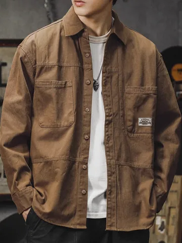 Chemise à Manches Longues pour Hommes Rétro Américain Workwear Pur Coton Lavé Top Utility Couleur Unie Col Rabattu Vêtements Décontractés